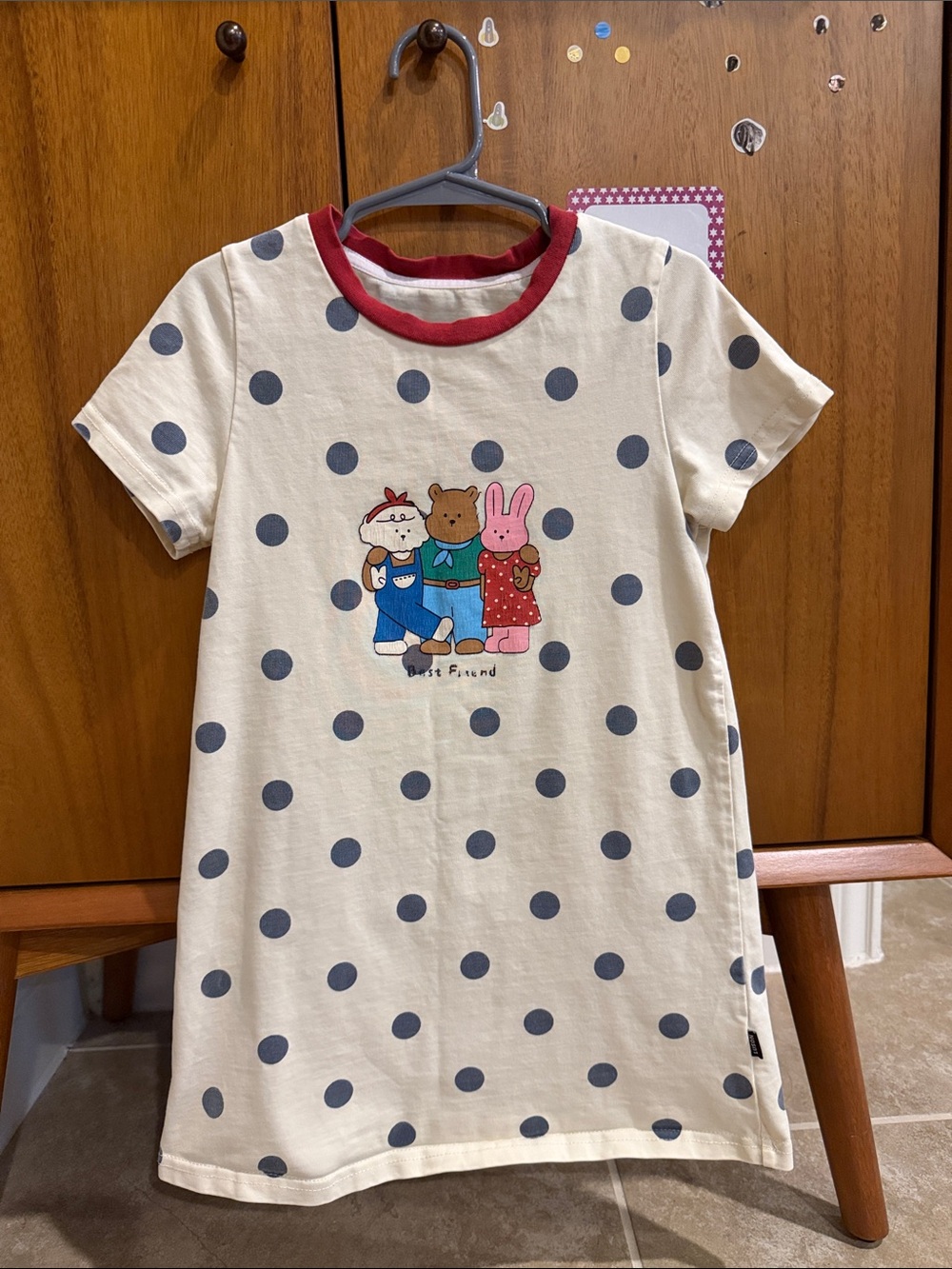 Kids Cream Polka Dot Casual Dress with Pink & Gray Character Print